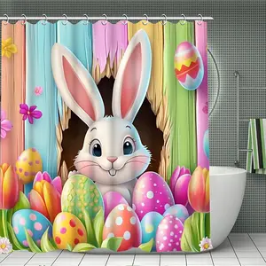 Easter Shower Curtain Bunny Shower Curtain with Its Head Peeking Out From A Colorful Wooden Board, Washable Shower Curtain with  Hooks