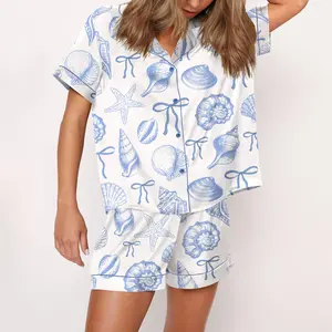 Coquette Seashell Satin Pajama Set For Women Print Comfy Satin Sleepwear & Loungewear Pjs Printing Silky Top & Bottoms - SHESHOW