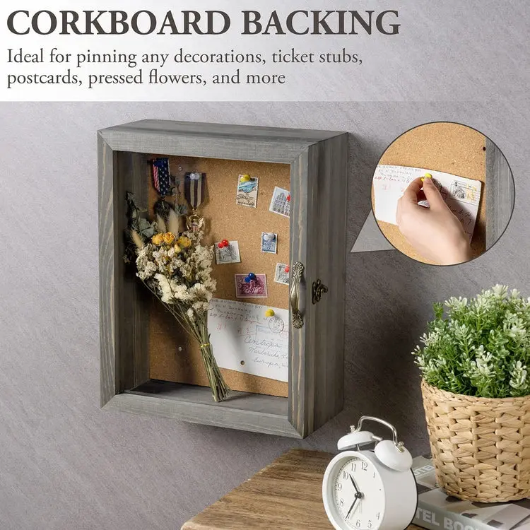 11x14 Gray Wood Shadow Box with Cork Backing, Wall Mounted Display Case with Clear Acrylic Front Window Panel