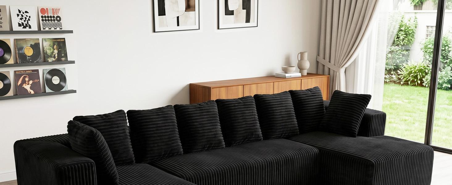 [2-3Packages] Niccae 132-Inch U-Shaped Memory Foam Sectional Sofa — An oversized modular design offering "cloud-like" comfort; features deep seating and compressed corduroy fabric, combining space-saving capabilities with a convertible sleeper function.