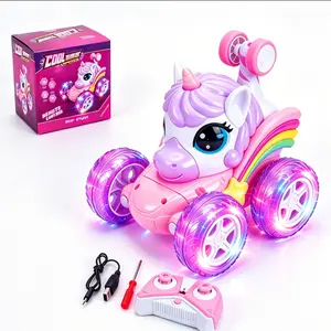 Unicorn 4WD RC Stunt Car,2.4GHz 360° Flip Rotating Remote Control Car with Flashing LED Light Wheels,Pink Cute RC Toy Vehicle,Birthday Holiday Xmas Gift for Girls Ages 3-9