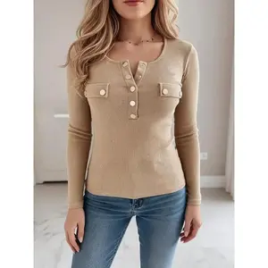 Women’s solid-color button-front T-shirt, spring and autumn casual long-sleeve crewneck slim-fit tee, everyday women’s top GARMENTARY