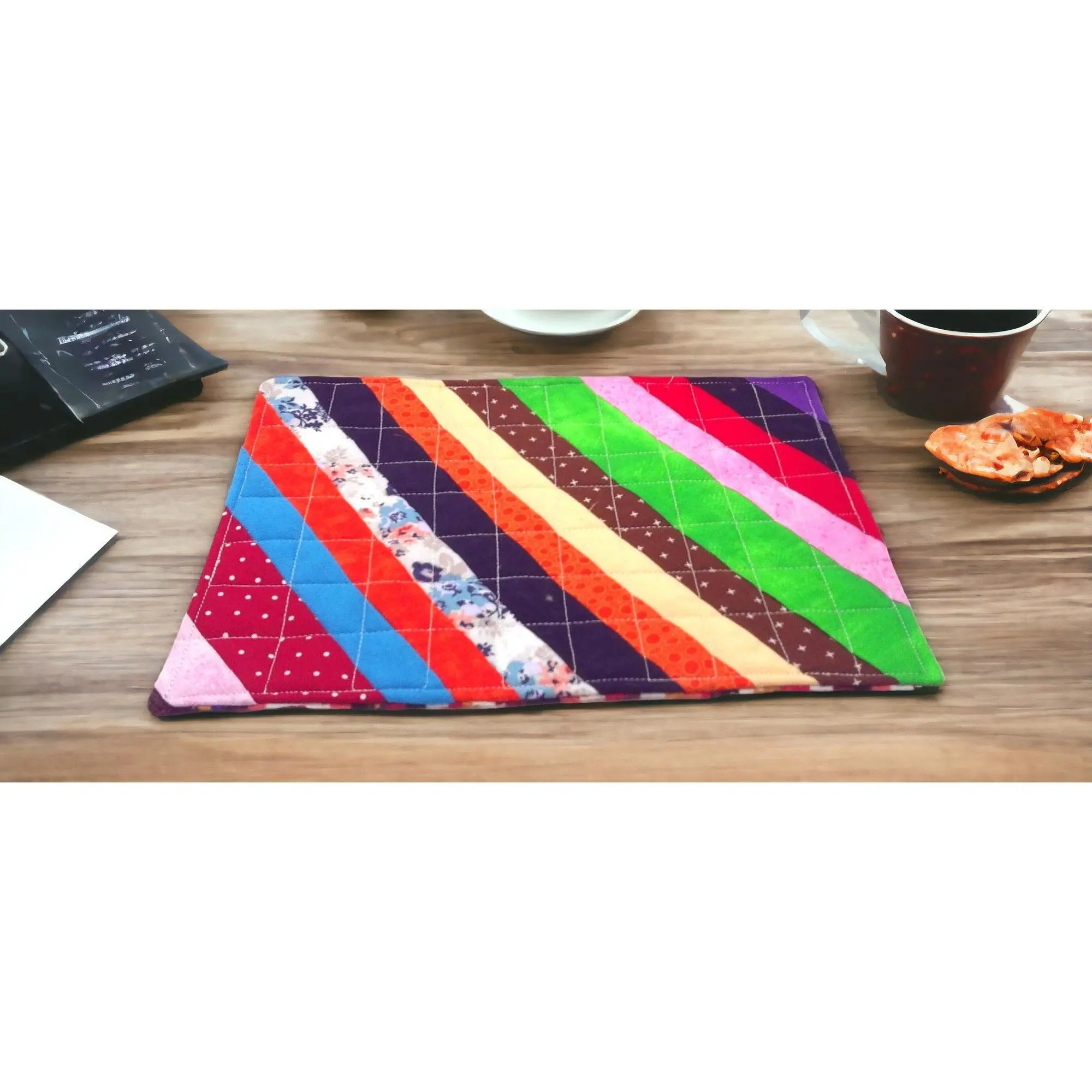 Handmade Quilted Large Mug Rug Coasters - Multi-Colored Fabric String Block Design, Rustic Country Coffee & Tea Lover's Gift Idea