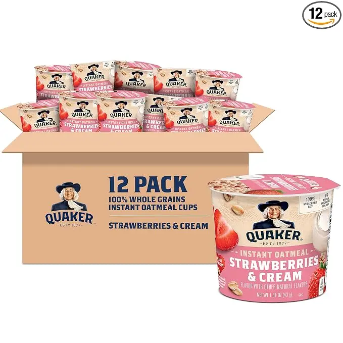 Quaker Instant Oatmeal Express Cups Strawberry & Cream 12 Count, Whole Grain Oats, Quick Hot Breakfast, Ready in 3 Minutes, Vegetarian