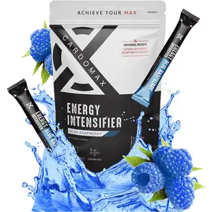 CardoMax Energy Intensifier – Blue Raspberry Liquid Energy Sticks  – Energy Boost – 15 Pack Caffeine Boost with Electrolytes (Sodium, Potassium, Magnesium) – Sugar-Free, Dye-Free Functional Energy Drink for Hydration Endurance & Recovery
