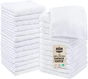 24 Pack Cotton Washcloths Set, 100% Ring Spun Cotton, Premium Quality Flannel Face Cloths, Highly Absorbent and Soft Feel Fingertip Towels, White