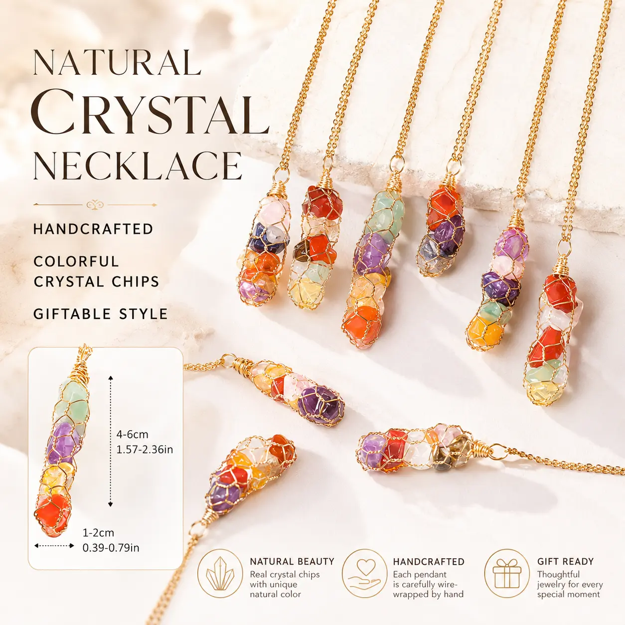 Women's Adjustable 1-Piece Gold-Plated Alloy Wire-Wrapped Multicolor Natural Crystal Chip Mixed Stones Pendant Necklace, Boho Costume Jewelry for Everyday Wear, Gift Occasions