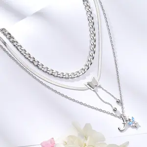 Minimalist Layering Initial Necklace Set, Custom A-Z Letter Pendant With Dainty Butterfly Charm, Delicate Silver Three Layered Jewelry Sets