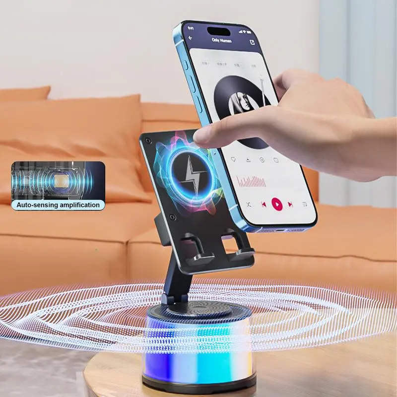 Wireless Bluetooth Speaker with Phone Holder, with Smart Sensing Function, HD Surround Sound, Adjustable and Foldable, 6 Hours Playtime, Compatible with iPhone/iPad/Samsung etc.