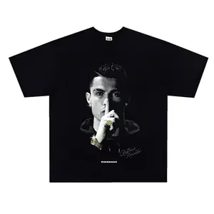 Ronaldo Portrait Print Vintage Acid Washed Oversized T‑Shirt, Casual Streetwear Fashion Top, Heavyweight Cotton Blend Short Sleeve Unisex Tee For Men Women