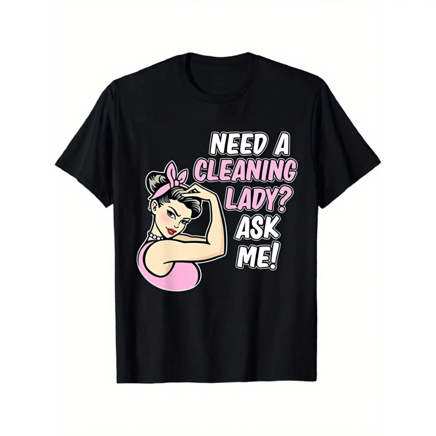 Humorous Women'S Cleaning T-Shirt - Looking for a Cleaning Lady? Ask! Graphic Tee Featuring a Housewife And Vacuum Design - Comfortable Loose Fit Crew Neck Short Sleeve Top for Maid Parties