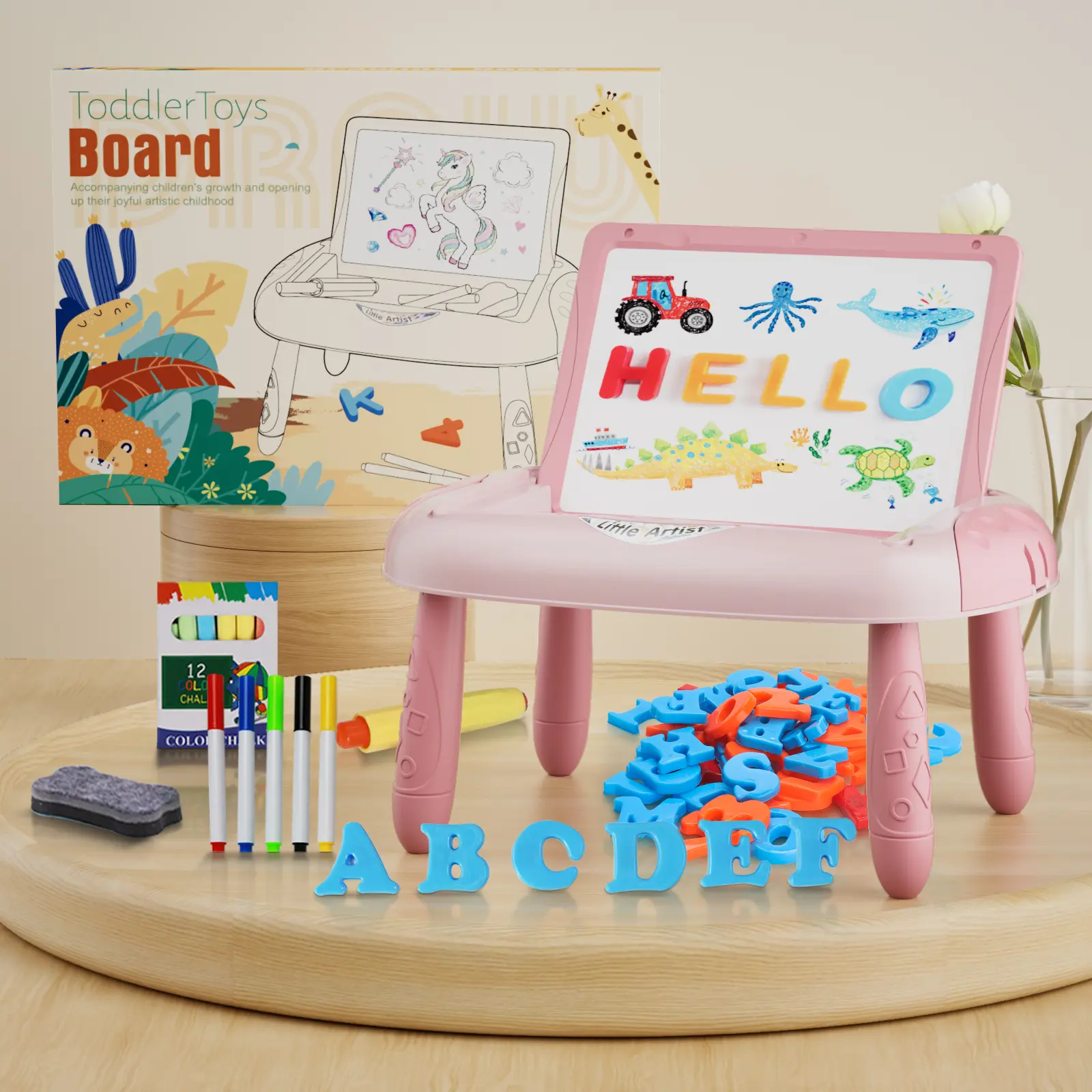 Erasable Drawing Boards for Kids - Durable 11.8" x 7.8" x 11.4" Small Easel Table with Letters, Numbers, Magic Design, Mess-Free No-Paper-Waste Creative Toy, Easy-to-Clean Educational Gift for Home, Classroom