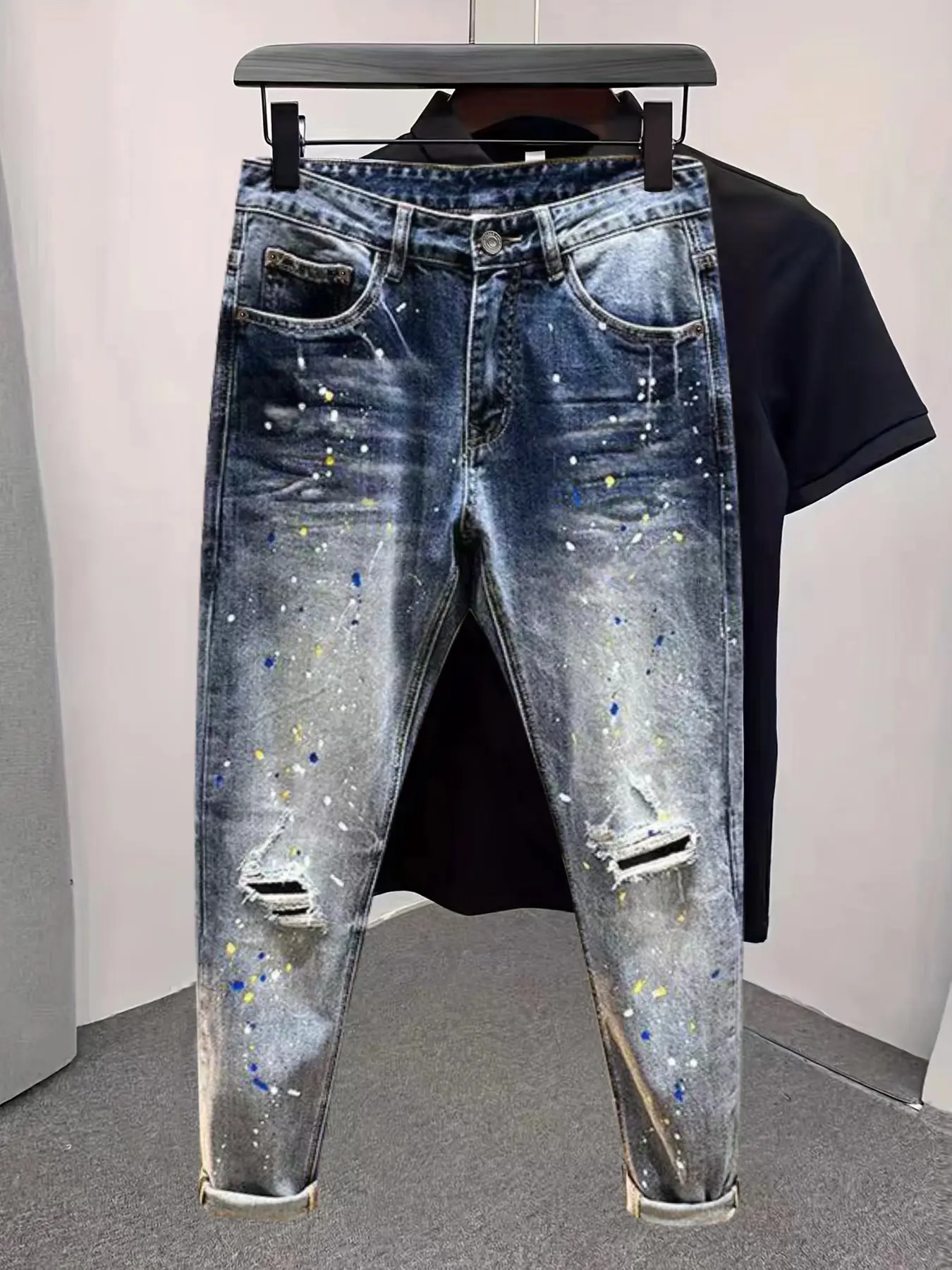 Men's Washed Denim Jeans, Spray Paint Splatter Ripped Patchwork Slim-Fit Autumn Aesthetic Style Stylish Streetwear, Fashion Casual Pocket Pants for Daily Wear, Distressed Denim Pants, Pockets Jeans