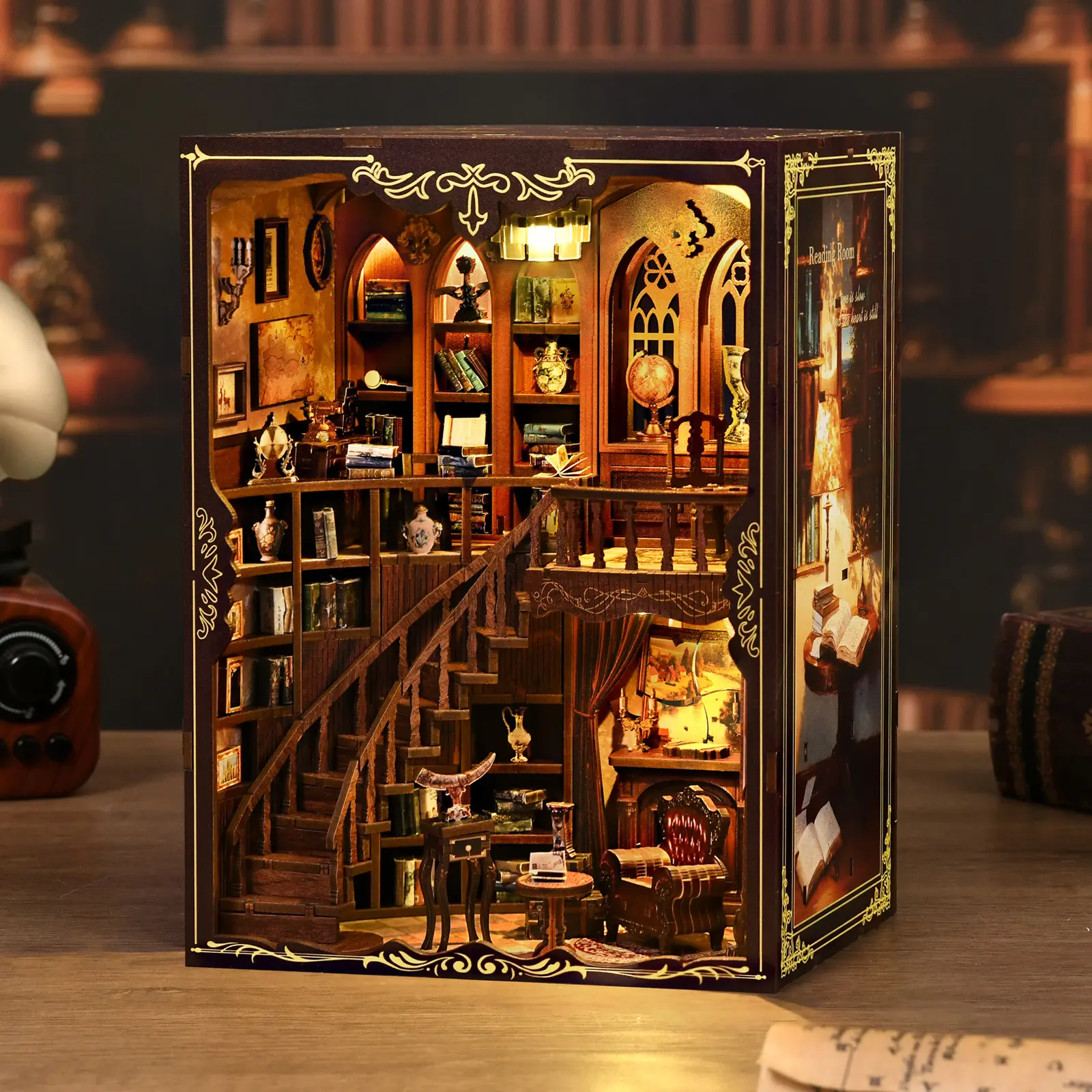 book nook diy kit for adults tiny home Vintage Abstract Renaissance Style Wooden Bookshelf, DIY Model Kit, 3D Hand-Assembled Booklet Toy House, Miniature Dollhouse Kit, DIY Building Model, Crafts, Birthday Gift, Complete DIY Set