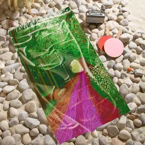 1 piece Purple path under the green canopy themed beach towel - Oversized comfortable flannel sofa blanket, suitable for beds and sofas, modern geometric pattern design, all-season use, digital printing, 100% polyester material, machine washable