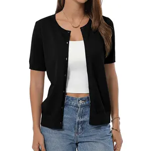 QUALFORT Women's 100% Cotton Cardigans Soft Lightweight Short Sleeve Knitted Crewneck Button Down SummerVibes