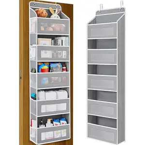 LMMAKE Grey Over the Door Organizer with 5 Front Pockets & 5 Mesh Side Pockets Extra Large Hanging Storage for Bedroom Bathroom Pantry Nursery Durable Non-Woven Fabric Easy Install Metal Hooks