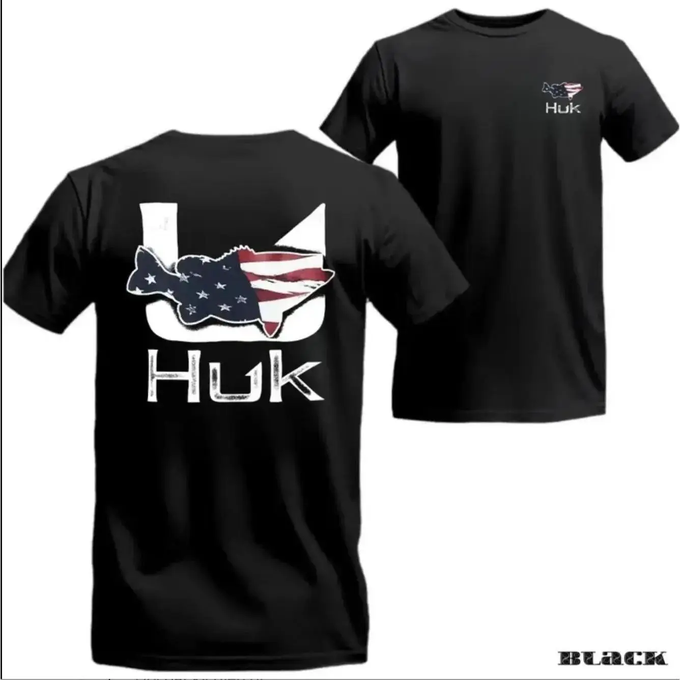 Huk American Flag Fish Graphic T-Shirt, Black Fishing Tee With Patriotic Fish Silhouette Back Print And Small Chest Logo, Unisex Angler Shirt For Offshore And Inshore Fishing, fathers day gift