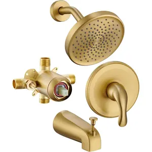 Brushed Gold Shower Tub Faucet Set With Valve - Gold Shower Head and Handle Set, Shower Faucet Set With 6 Inch Rain Shower Head and Tub Spout, High-Pressure Tub Shower Trim Kit