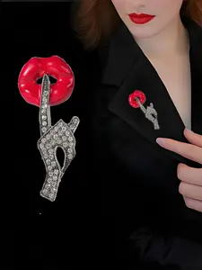 Cute Full Rhinestone Gesture Lip Brooch, Unique Versatile Women's Accessory, Simple Elegant Sweater Coat Suit Decoration, Bridal