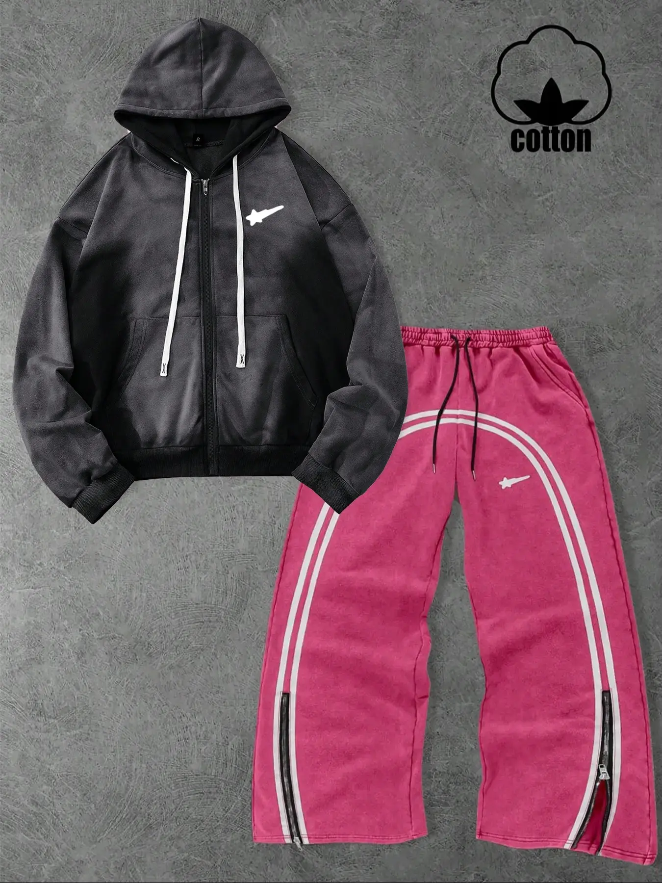 Men's Heavyweight Fitted Hoodie Drawstring Zipper Jacket Set with