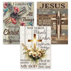 3 Pack Christian Cross with Flowers Diamond Kits 5D Diamond Dots Gem Art Crafts with Tools Round Full Drill Funny Crafts for Home Wall Decor Gift