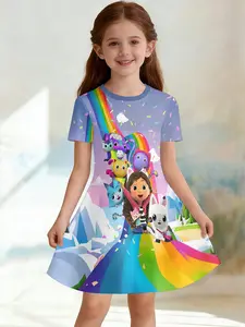 Girls' Gabby Doll House Ice Rainbow A-Line Dress, Cute Cartoon Short Sleeve Dress, Fashion Outdoor Wear, Birthday Gift, Holiday Gift
