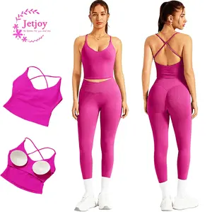 Jetjoy Workout Sets for Women 2 Piece, Crisscross Back Straps Camisole Longline Halter Sports Bra for Women with Built-in Pads Tank Top+ V-Cross Front Hidden Scrunch Seamless Legging Pants for Women； Tracksuit Sets for Women, Outfit Gym Going Out Sets