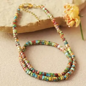 Natural Dainty Colorful Imperial Jasper 4mm Tiny Beads Choker Minimalist Crystal Sliver Chain Healing Natural Stone Necklace Gift For Her
