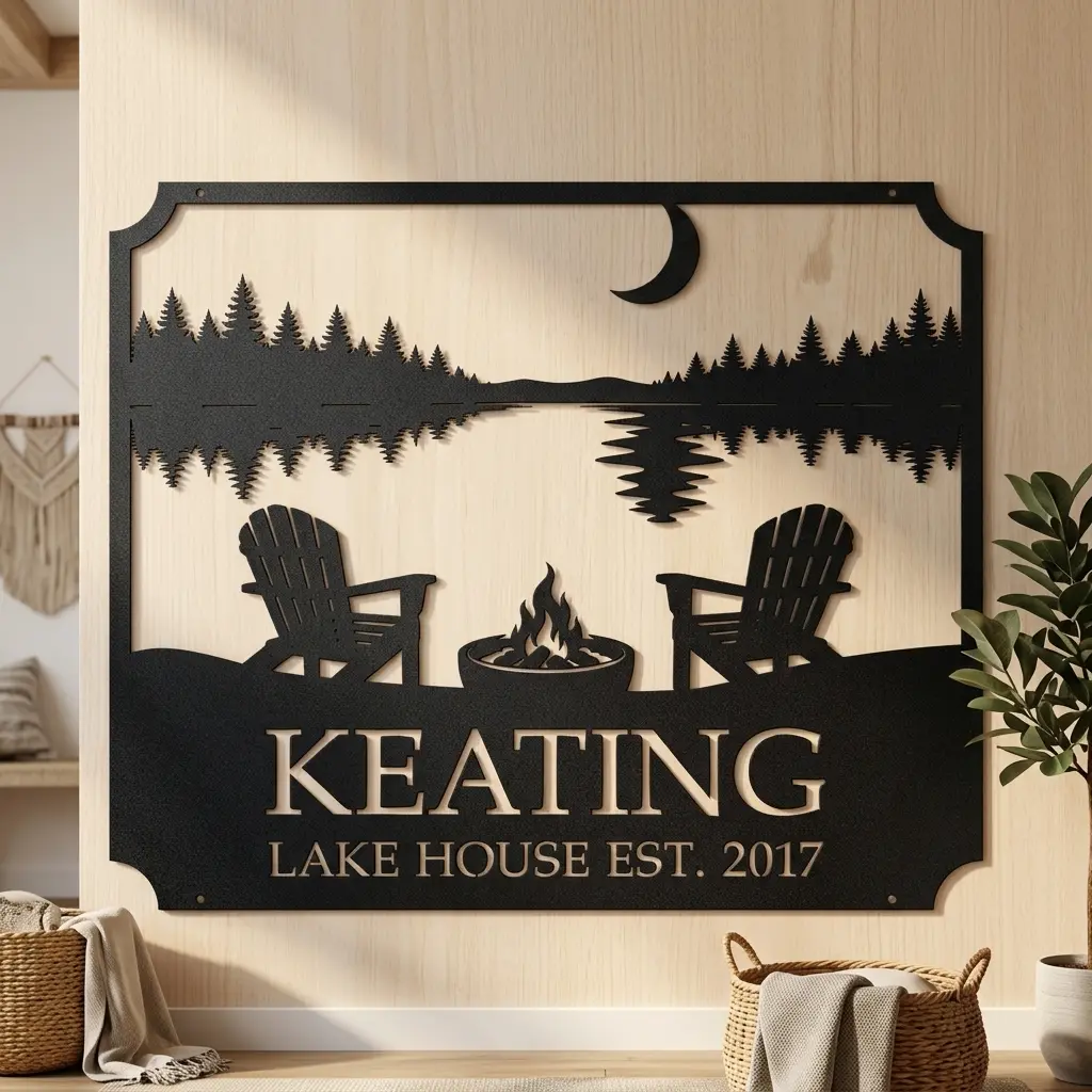 Personalized Family Lake Scene Metal Sign – Custom Last Name Cabin, Lodge & Outdoor Wall Decor
