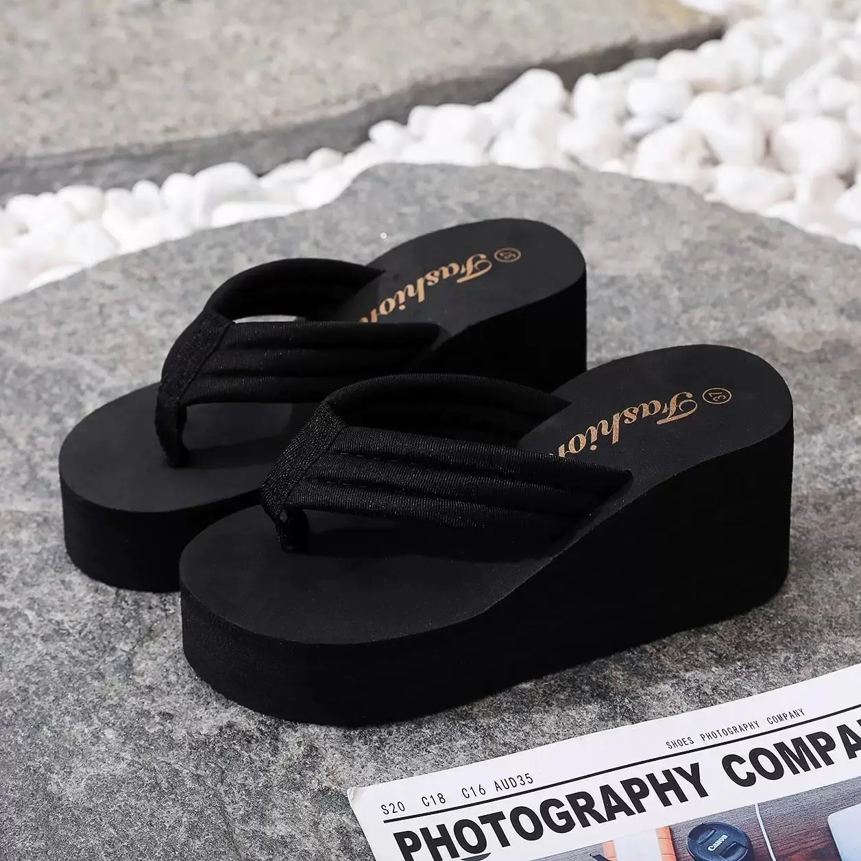 Women's Wedge Platform Flip Flops Black Summer Casual Soft Fabric Strap Thong Sandals Beach Footwear