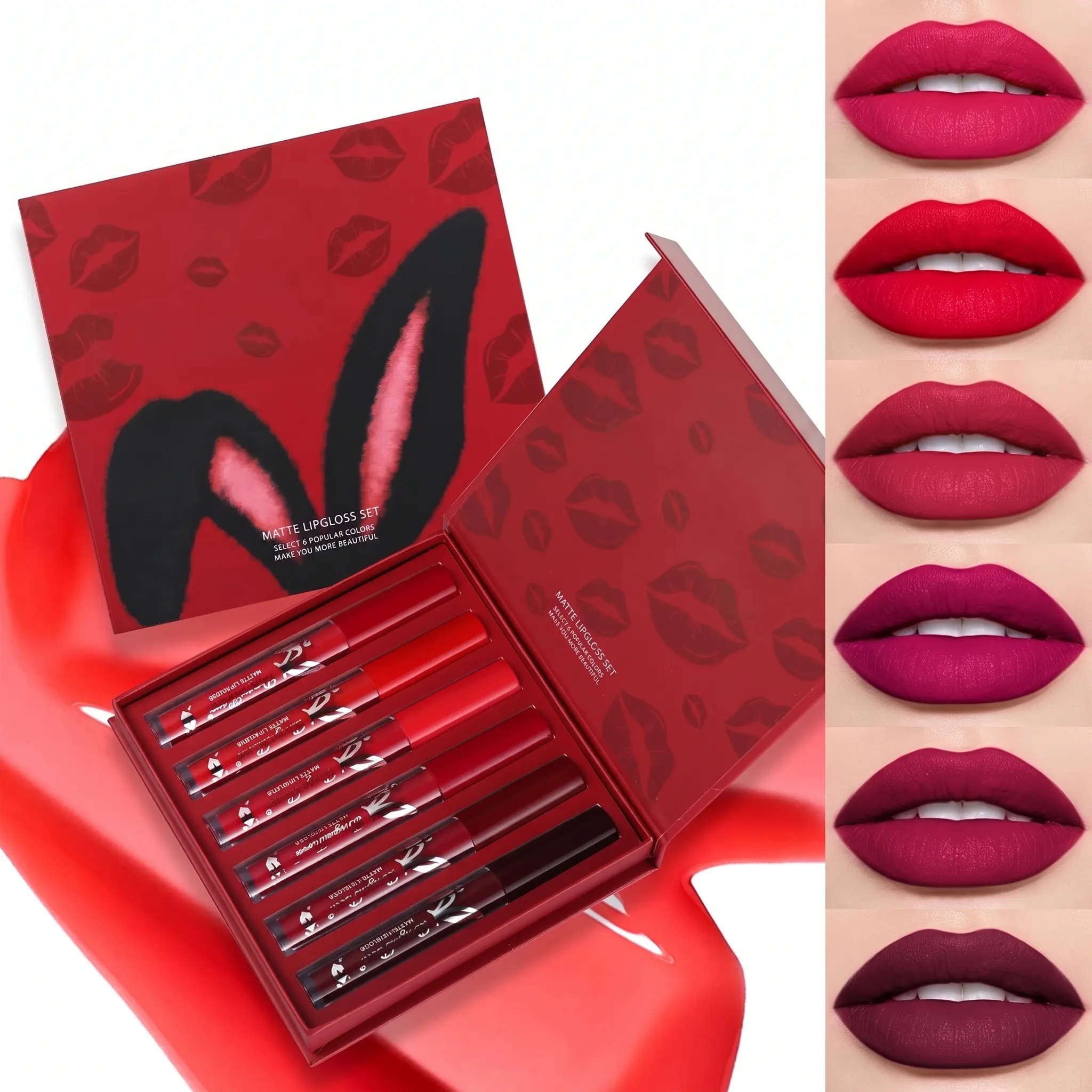 6 Pcs Red Matte Liquid Lipstick Set, Long-Lasting Waterproof Red Lip Gloss Kit for Women, Gift Box (6 Shades)