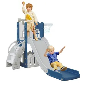 6 in 1 Toddler Slide Kids Climber Slider for Indoor Outdoor Playground with Basketball Hoop Storage and Telescope L Shaped Slide for Toddler Climber Playset Gray Blue Green
