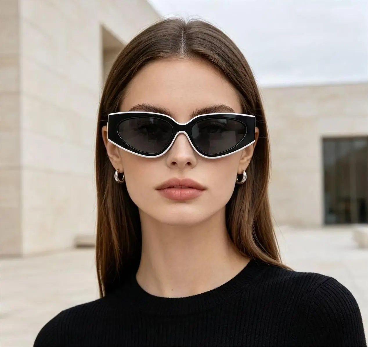 Y2K Black White Cat Eye Sunglasses | UV400 Polarized Narrow Frame Shades Streetwear