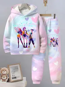 New Korean Kpop Demon Hunters 3D Printed Graphic Fitted Hoodie Long Pants Set, Comfortable Fashion Long Sleeve Pullover, Spring Fall Winter Casual Wear