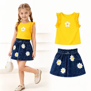 Toddler Girls Summer Daisy Applique Outfit Set, Ruffle Sleeve Ribbed Top and Floral Print Skirt, Cute Two-Piece Clothes for Playtime and Daily Wear
