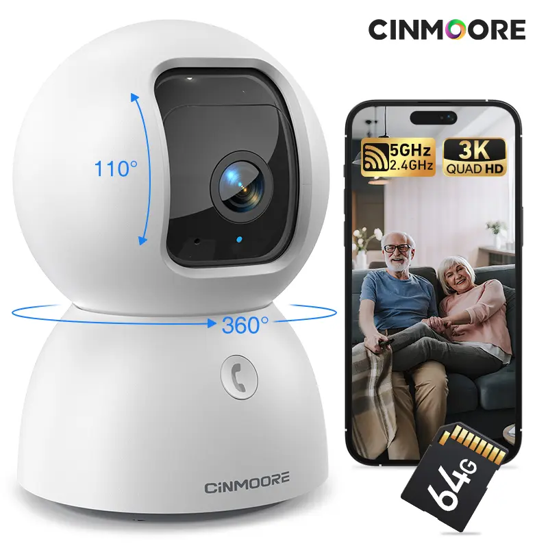 CINMOORE 4MP 2.5K Wireless Security Camera with 32GB SD Card, 2.4GHz & 5GHz WiFi, 360° Pan-Tilt, AI Motion Detection, 2-Way Audio, Night Vision, Baby Cry Detection, Manufacturer Warranty, Home Surveillance Camera Security