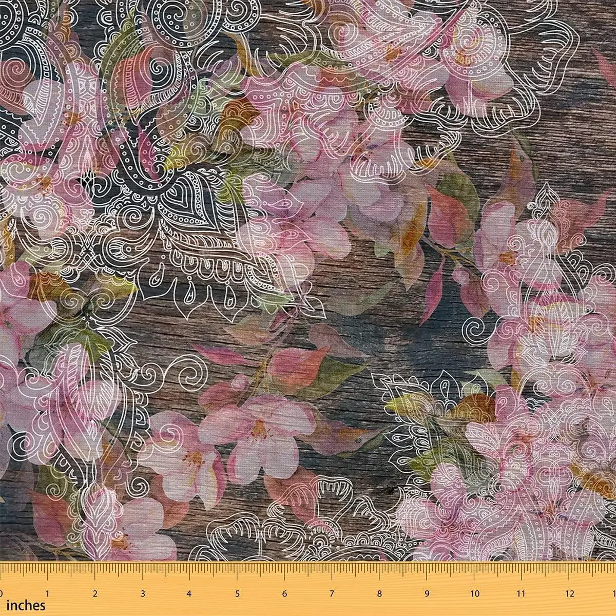 Paisley Pattern Fabric Pink Flowers Rustic Style DIY Craft Hobby Fabric Retro Brown Wood Decorative Fabric Soft Flannel Polyester No Stretch