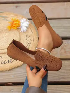 Women's Square Toe Flat Shoes, Colorblock Knit Slip-On Loafers, Comfortable Versatile Casual Footwear, Round Toe Textile Upper