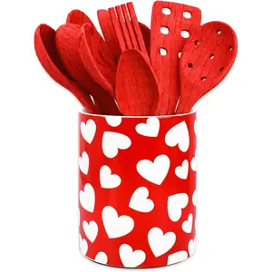 Valentine's Day Ceramic Utensil Holder Red White Heart Design for Wedding Home Kitchen Countertop Storage Organizer Container