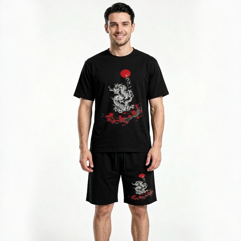 Men's 2-Piece T-Shirt and Shorts Set - Casual Oversize Cut, Loose-Fit Short Sleeve Crew Neck, Japanese Dragon Motif Streetwear Menswear