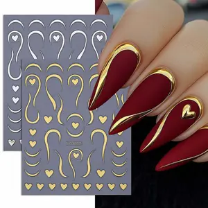 2 Pcs French Style Love Heart Line Nail Stickers, DIY Manicure Decorations for Women & Girls, Elegant Simple Design, Nail Art Sheet