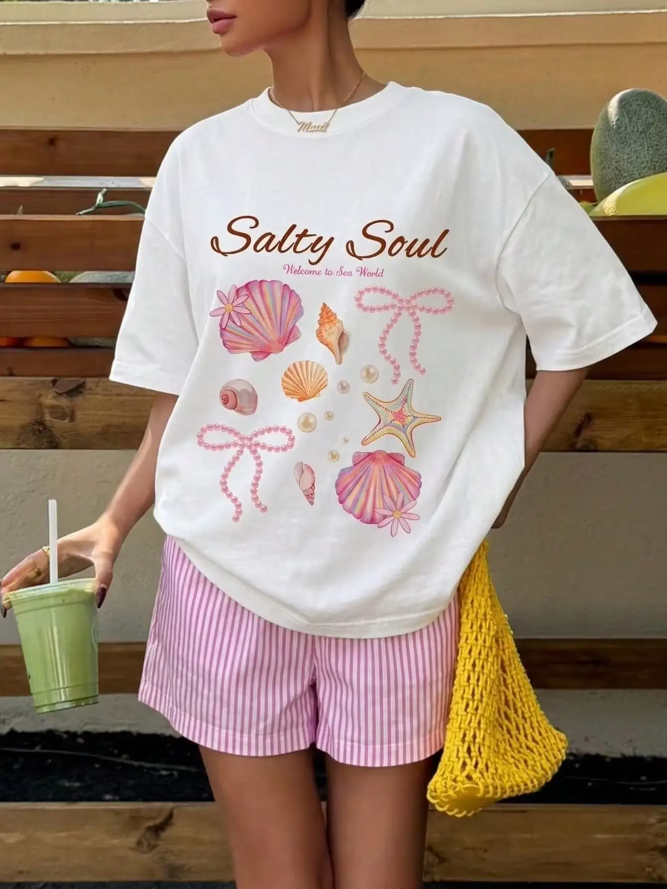Veykashi Plus Size Women's Starfish & Shell Print Round Neck Short Sleeve T-Shirt，White,Summer,Beach,Holiday Outfit