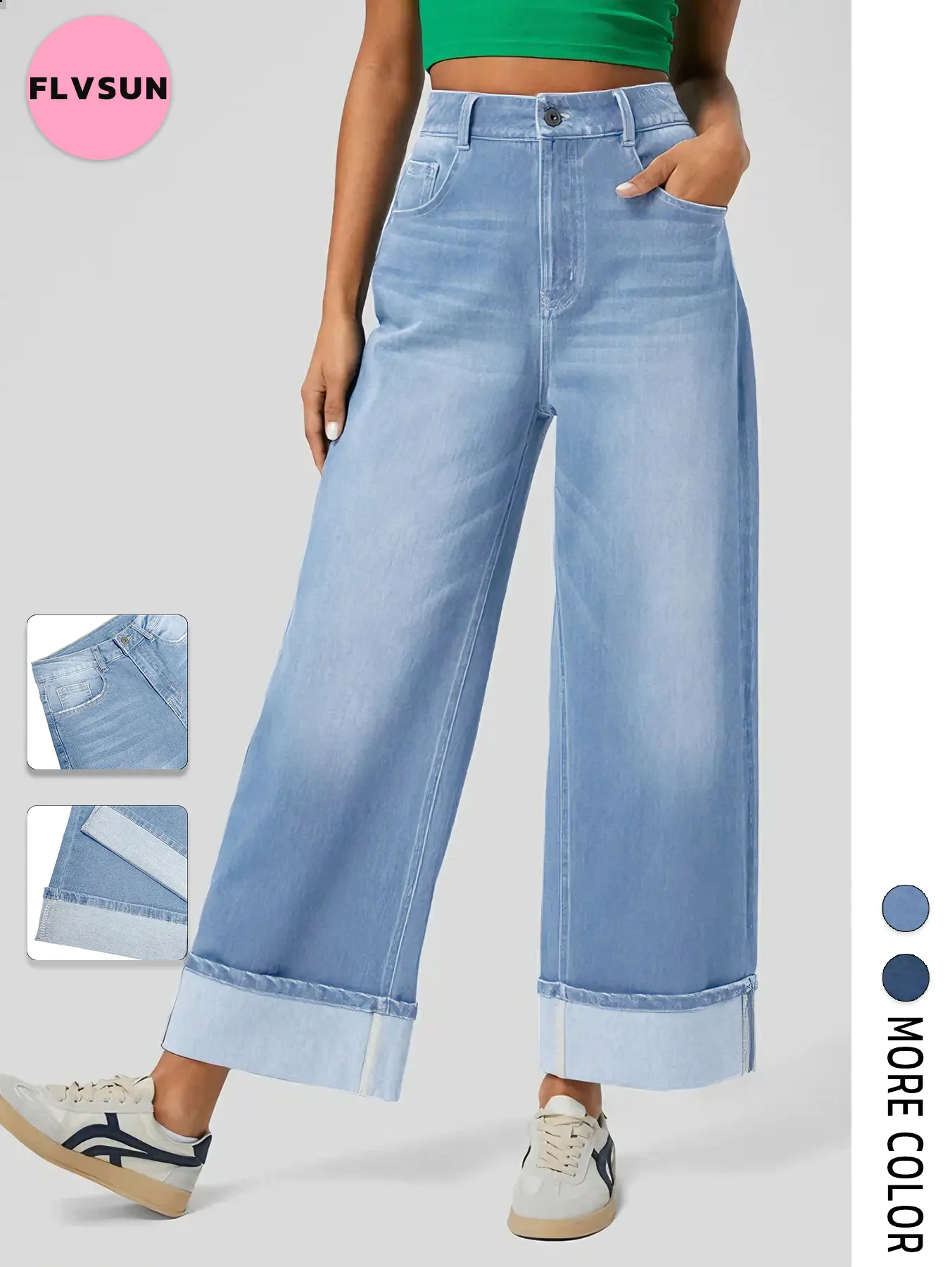 Flvsun Women's Low-Waist Stretchy Denim Wide Leg Capri Pants - Basic Streetwear Clothes, Fold Hem, Pockets, High Water Capri-Style Jeans, Cold Wash, Summer Casual Minimalist Bottoms
