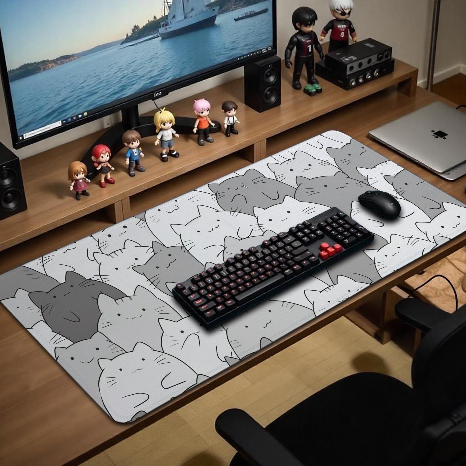 Free ExpressLarge Kawaii Cat Desk Mat& Mouse Pad- Cute Gray Cat Design with Adorable Expressions, Non-Slip Rubber Base, Ergonomic Wrist Support, Suitable for Office and Home Work Space Accessories Multi-function mouse pad