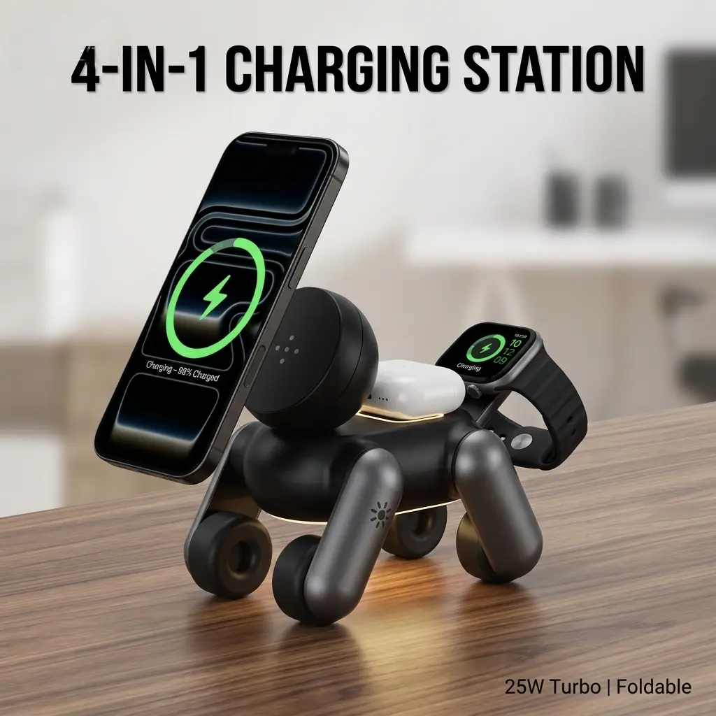 4-in-1 Foldable Magnetic Wireless Charging Stand With Ambient Light, Fast Charger Dock For iPhone 16 15 14 Pro Max Watch AirPods, Space Saving Desktop Phone Holder & Organizer, Minimalist Room Decor Tech Gift