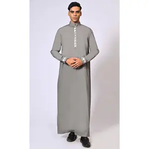 Men's Grey Thobe with Geometrical Embroidery detailing and Pockets