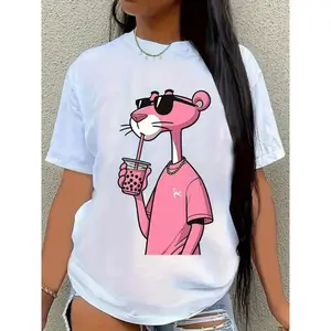 Women'S Pink Graphic T-Shirt with Stylish Cartoon Character - Comfortable Round Neck, Short Sleeve, 100%, Perfect for Spring/Summer Casual Wear, Casual Wear Tee | Playful Design | Stretchy Fabric