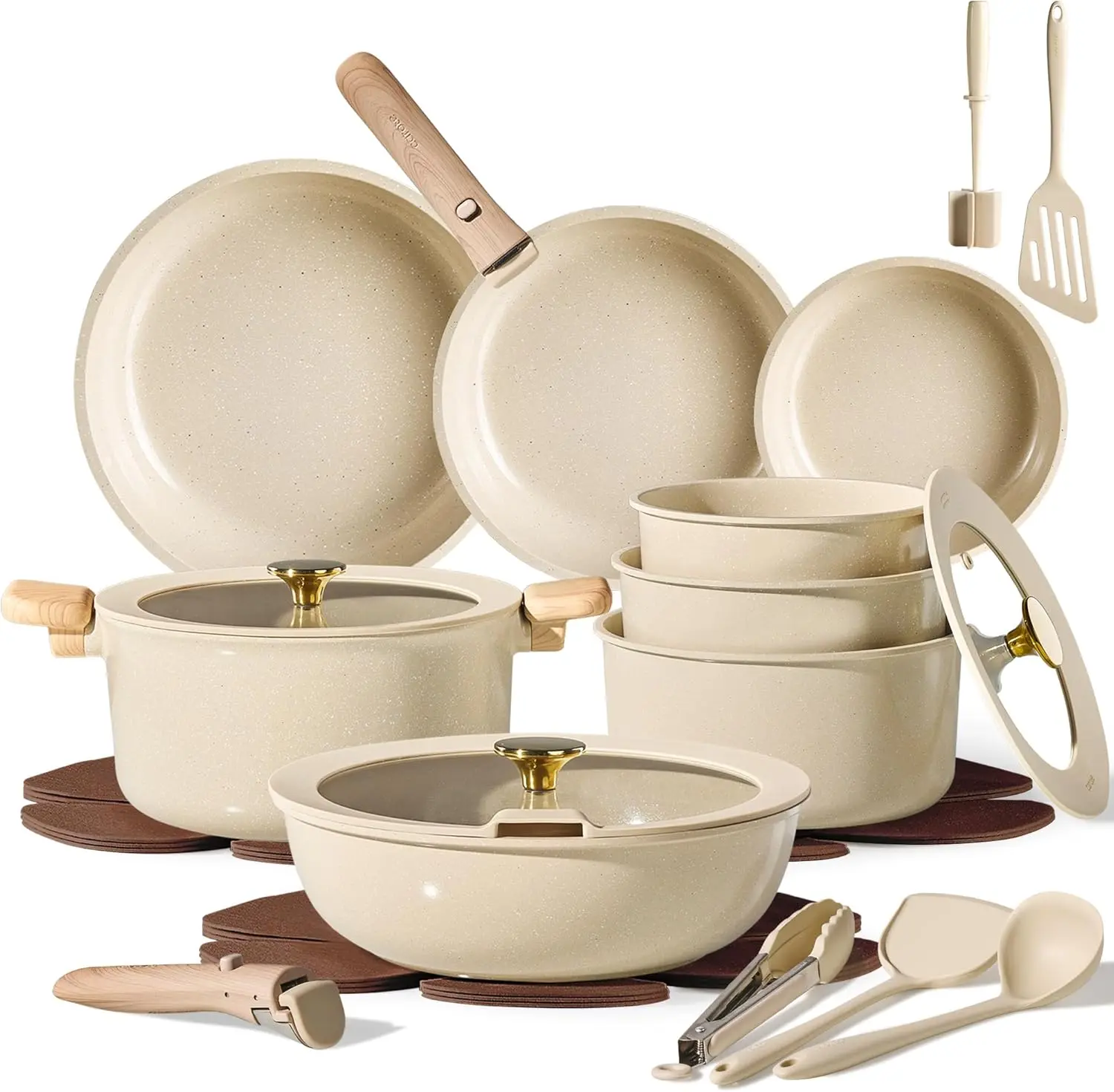 CAROTE 25-Piece Ceramic Cookware Set with Detachable Handles – Nonstick Pots & Pans, Induction Compatible, Oven & Dishwasher Safe, Oatmeal Oil