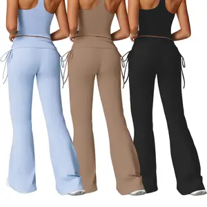 3PCS Women's High Waisted Side-drawstring Foldable Waistband Flare Pants Adjustable Fit All Body Types Comfortable Versatile Pants for Lounge Gym Casual Daily Outfits Womenswear Bottom Legging Breathable